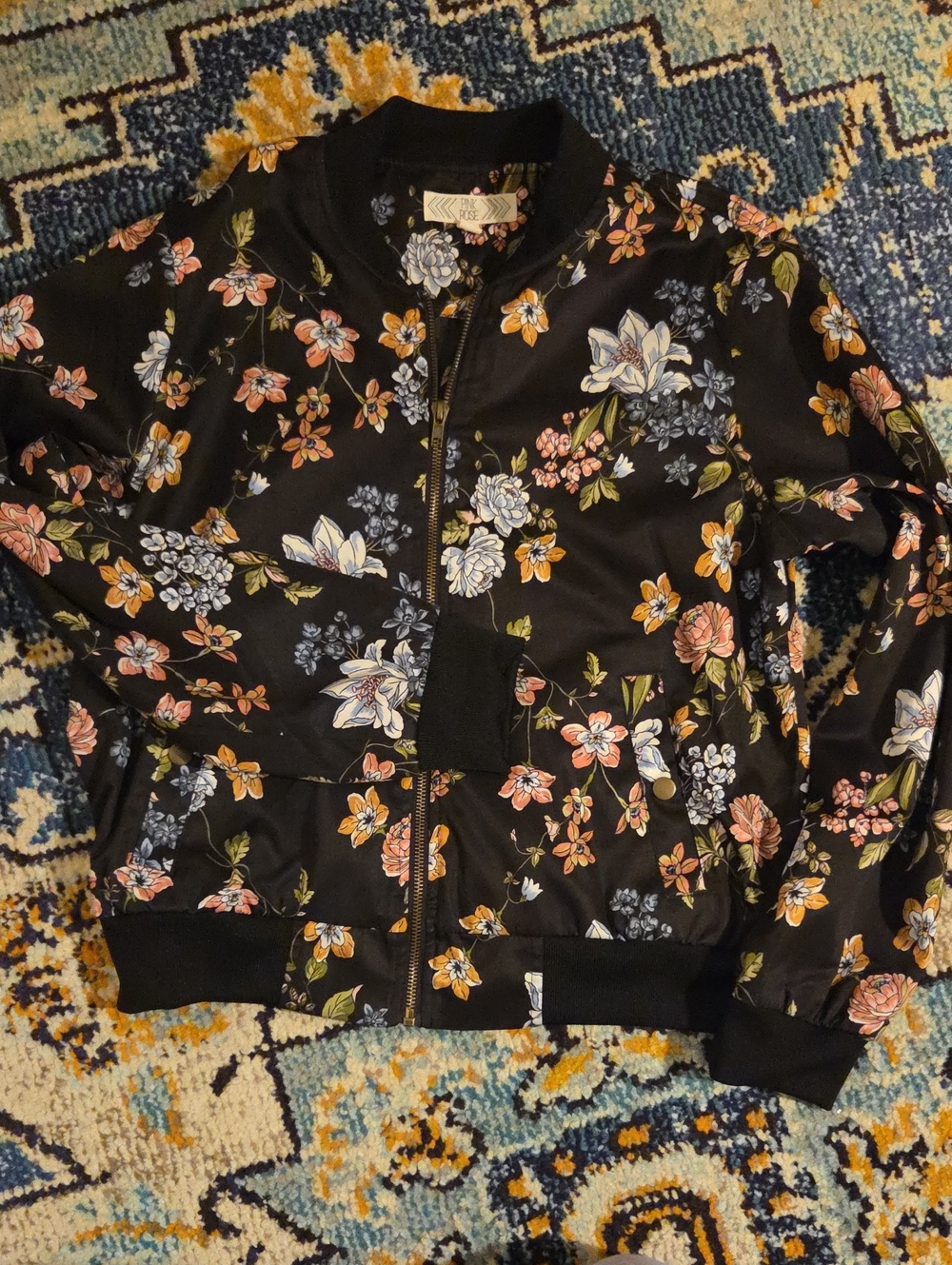 Pink Rose Black Floral Bomber Jacket